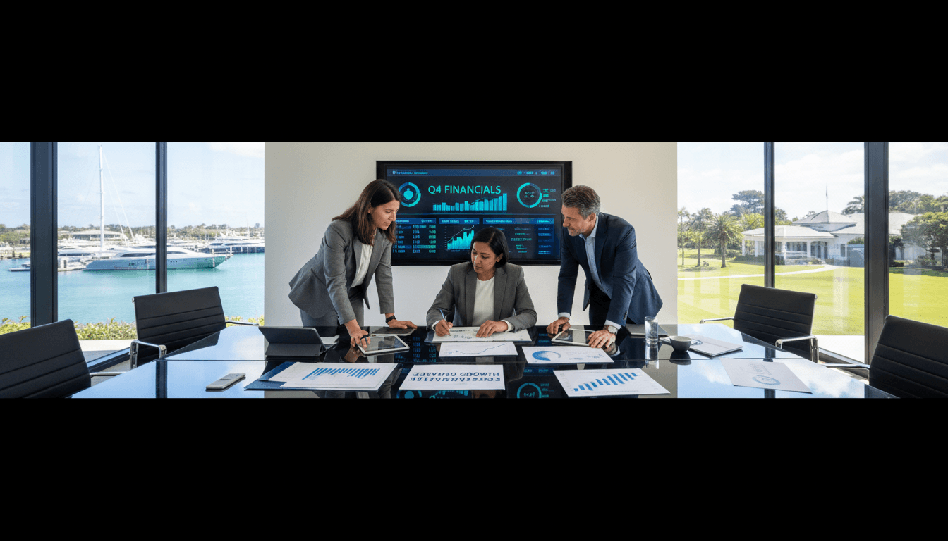 Three diverse executives in modern boardroom collaborating around conference table with financial dashboards and strategic documents visible