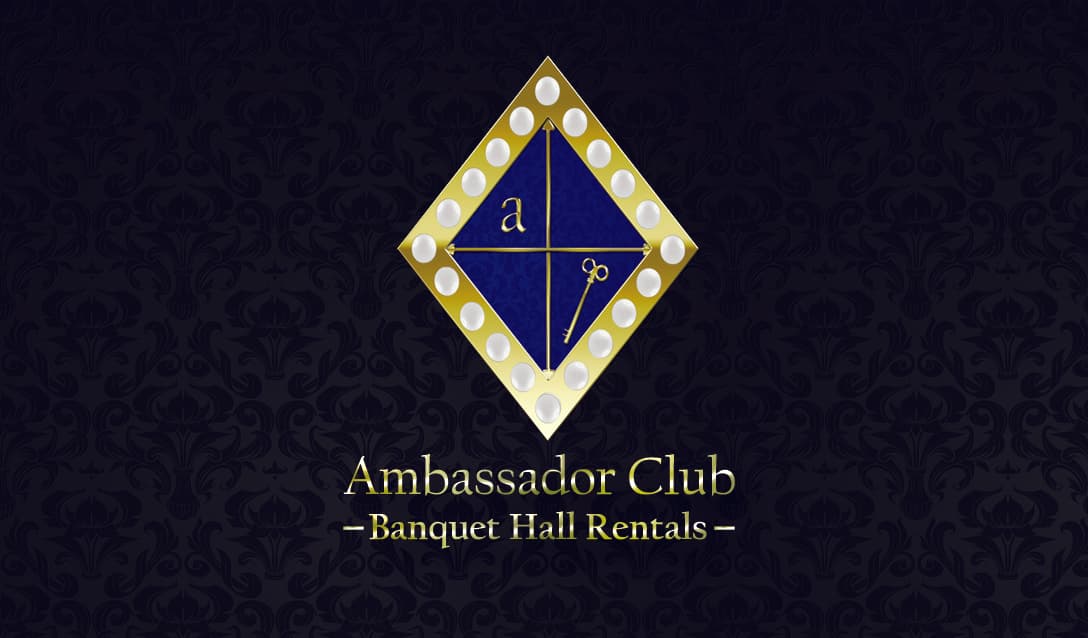 Ambassador Club Banquet Hall Rentals logo featuring a pearl-studded diamond with a gold key.
